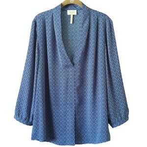 Laundry by Shelli Segal Womens V-Neck Tunic Blouse Long Sleeve Royal Blue XL